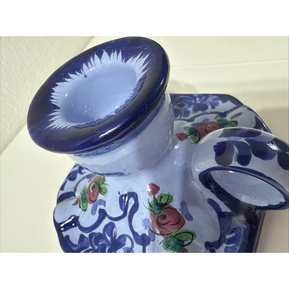 Vintage Portugal Hand Painted Ceramic Single Candle Holder Signed Handpainted‎